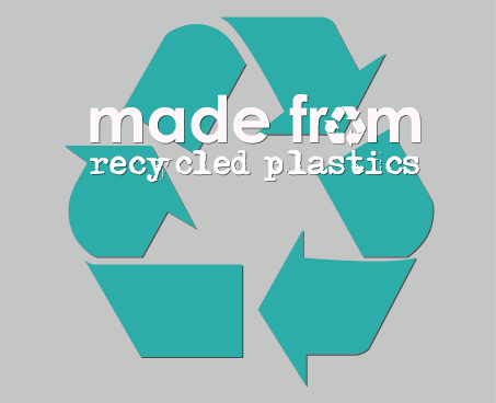 Recycling symbol with 'made from recycled plastics' text on a gray background
