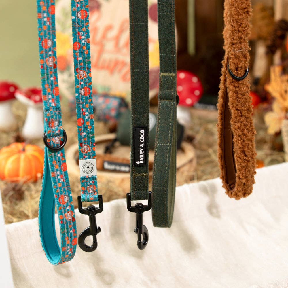 heritage tweed green dog lead with black clip and d ring