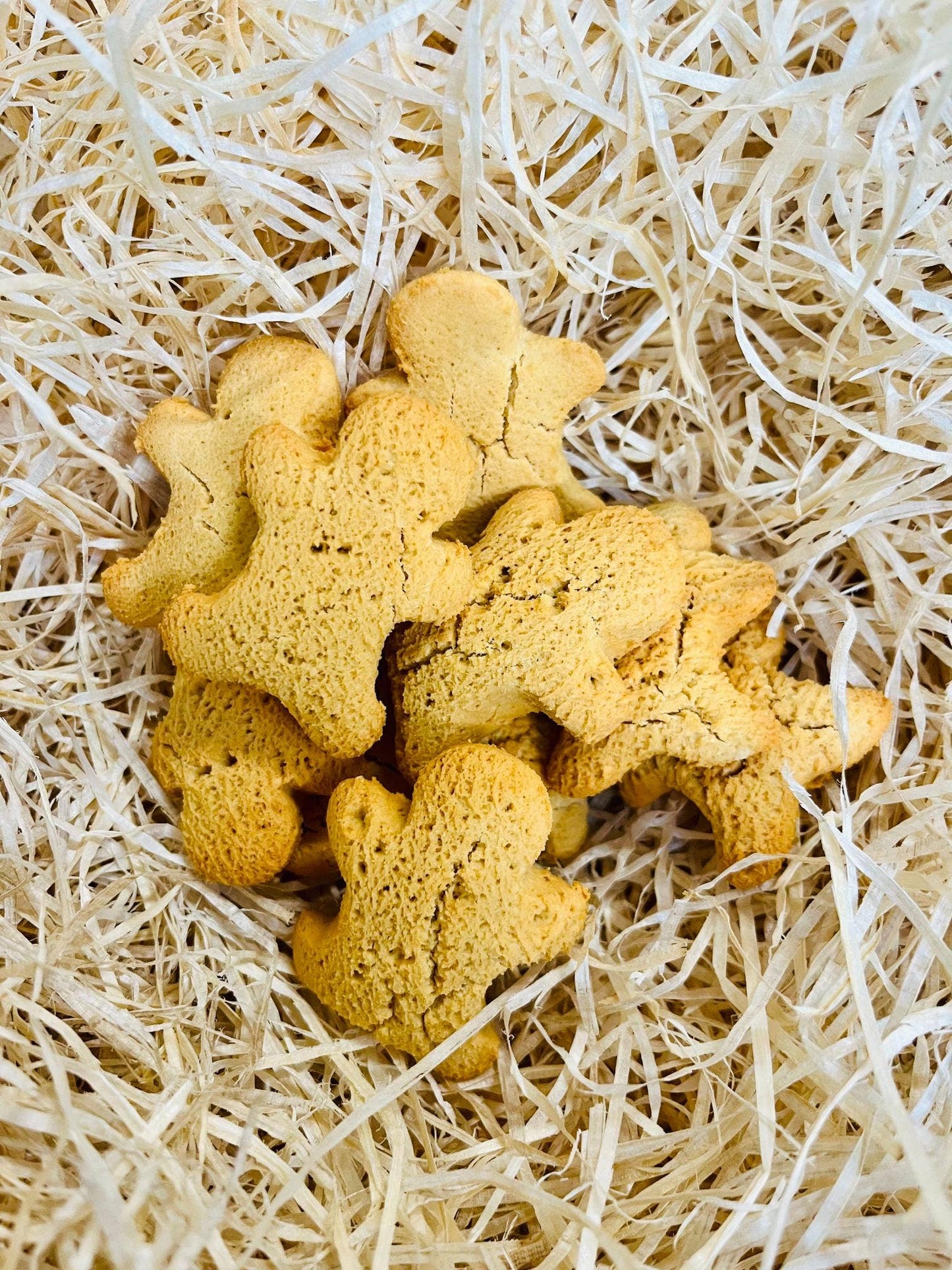 Mini Gingerbread Men dog treats displayed loose, fun gingerbread man shape, natural and grain-free peanut butter & ginger recipe.
