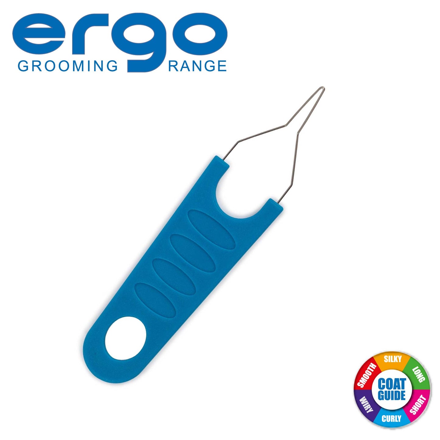 Blue grooming tool with 'ergo' branding on a white background