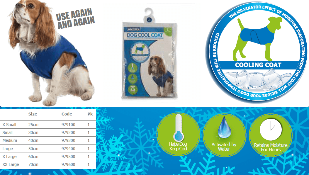 Ancol Ice Paws cooling coat size guide — back length and girth measurements for sizes XS to XXL