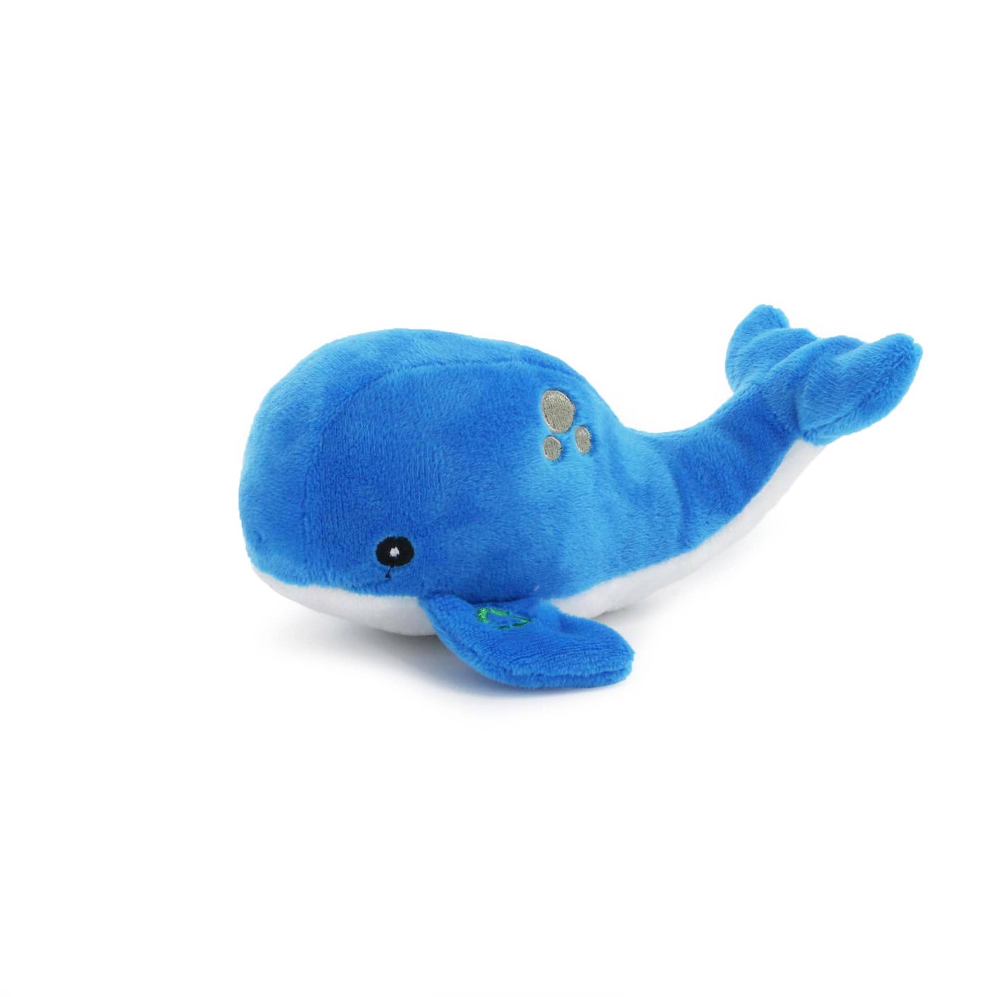 Blue plush whale toy on a white background