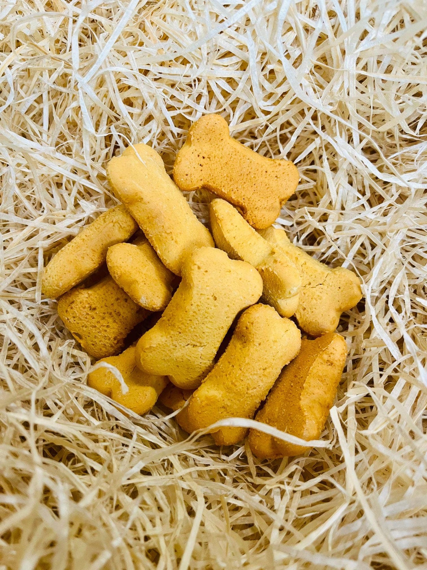Peanut Butter Bones dog treats displayed loose, crunchy bone-shaped biscuits made with peanut butter.