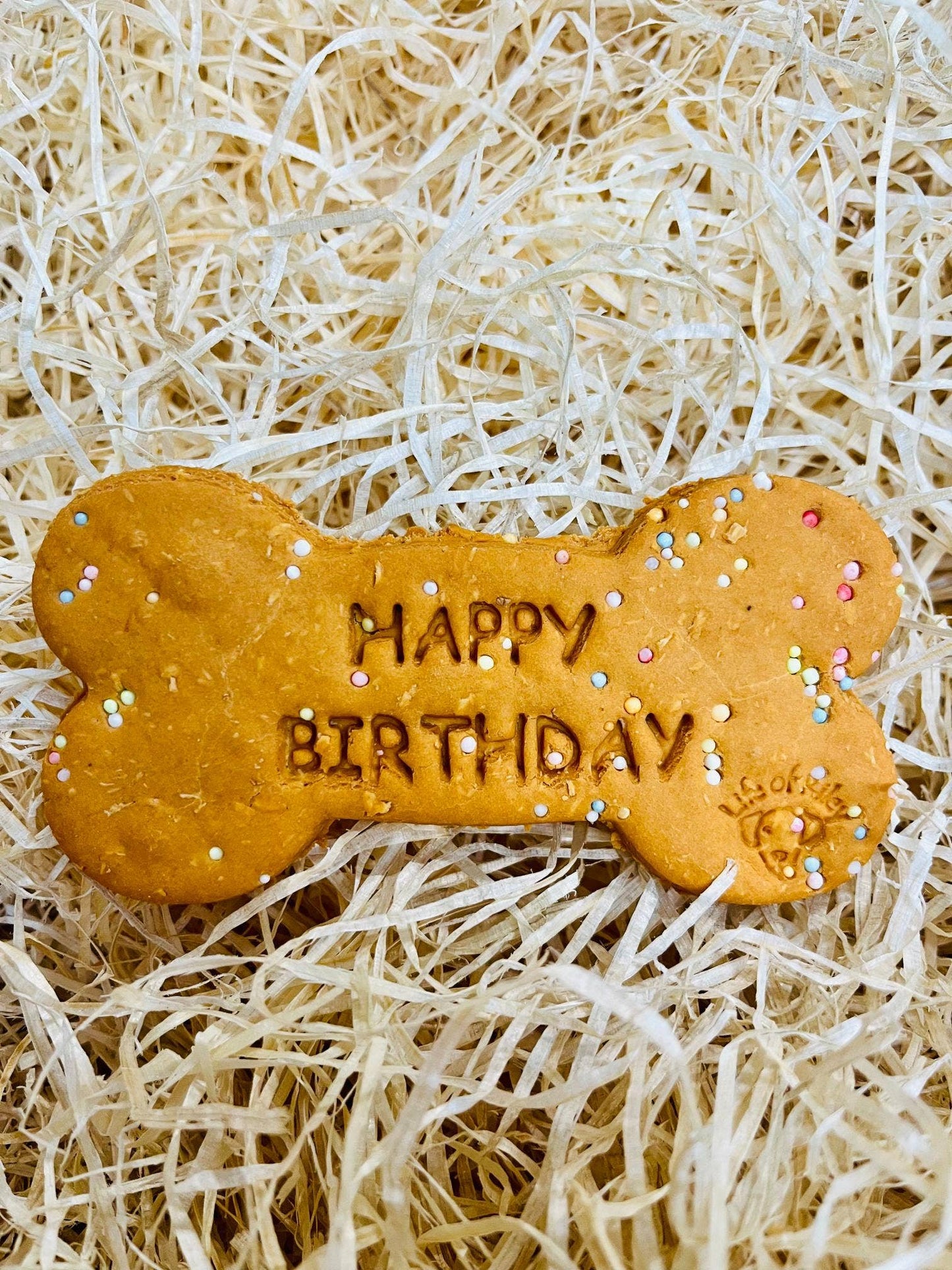 Life of Riley Birthday Peanut Butter Bone with natural sugar-free sprinkles — single handmade vegan dog treat for birthdays and gifting