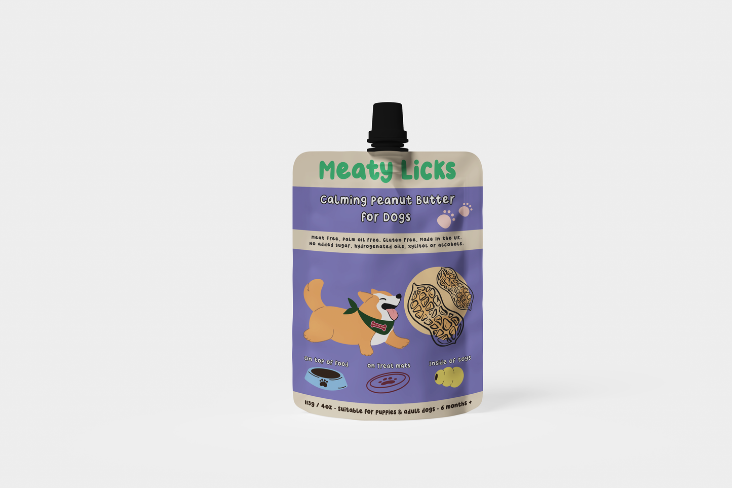 Meaty Licks Calming Peanut Butter for Dogs – Vegan, Gluten-Free, UK Made (113g Pouch)