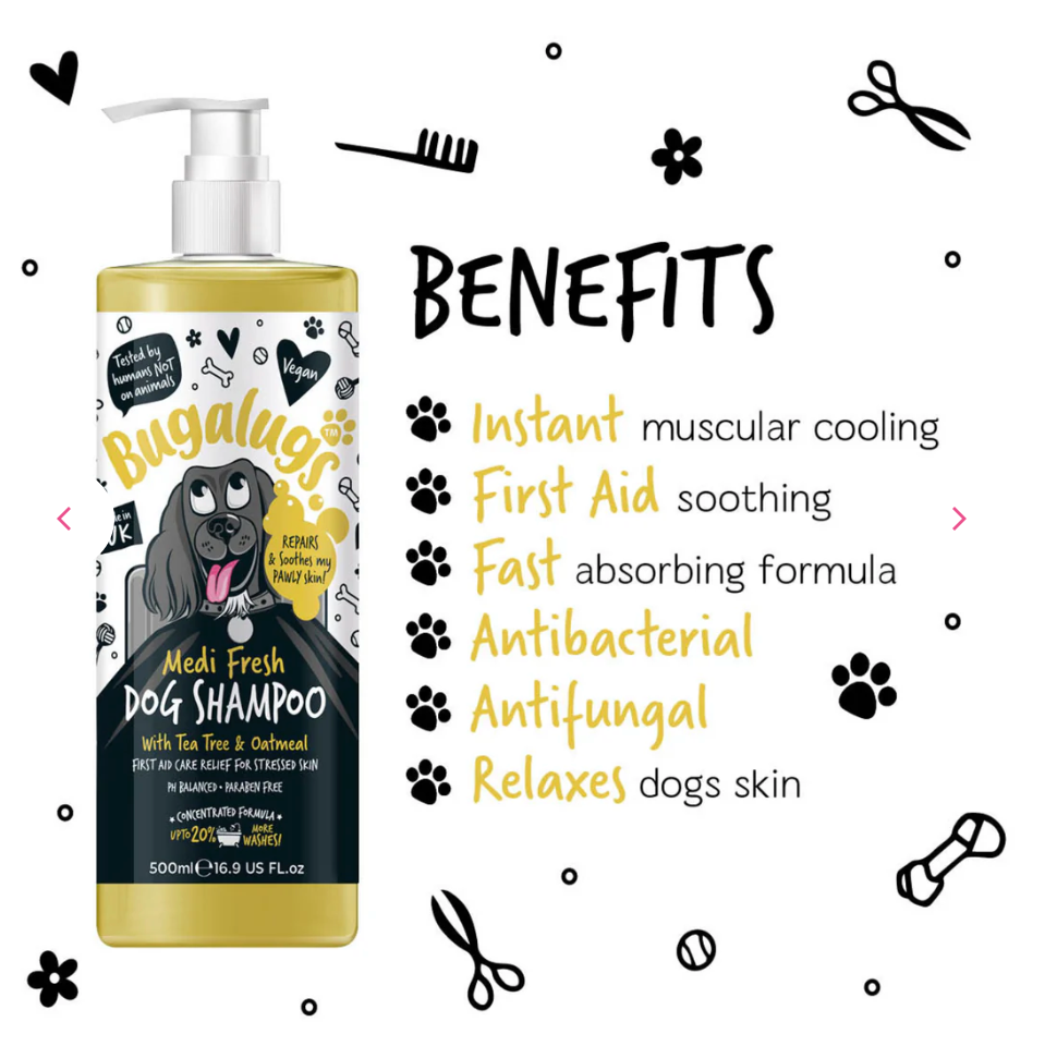 Bugalugs Medi Fresh Dog Shampoo benefits – instant cooling, first aid soothing, antibacterial and antifungal formula.