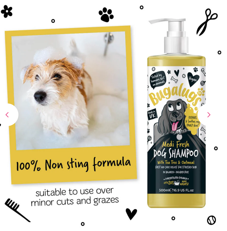 Bugalugs Medi Fresh Dog Shampoo non-sting formula suitable for use on minor cuts and grazes.