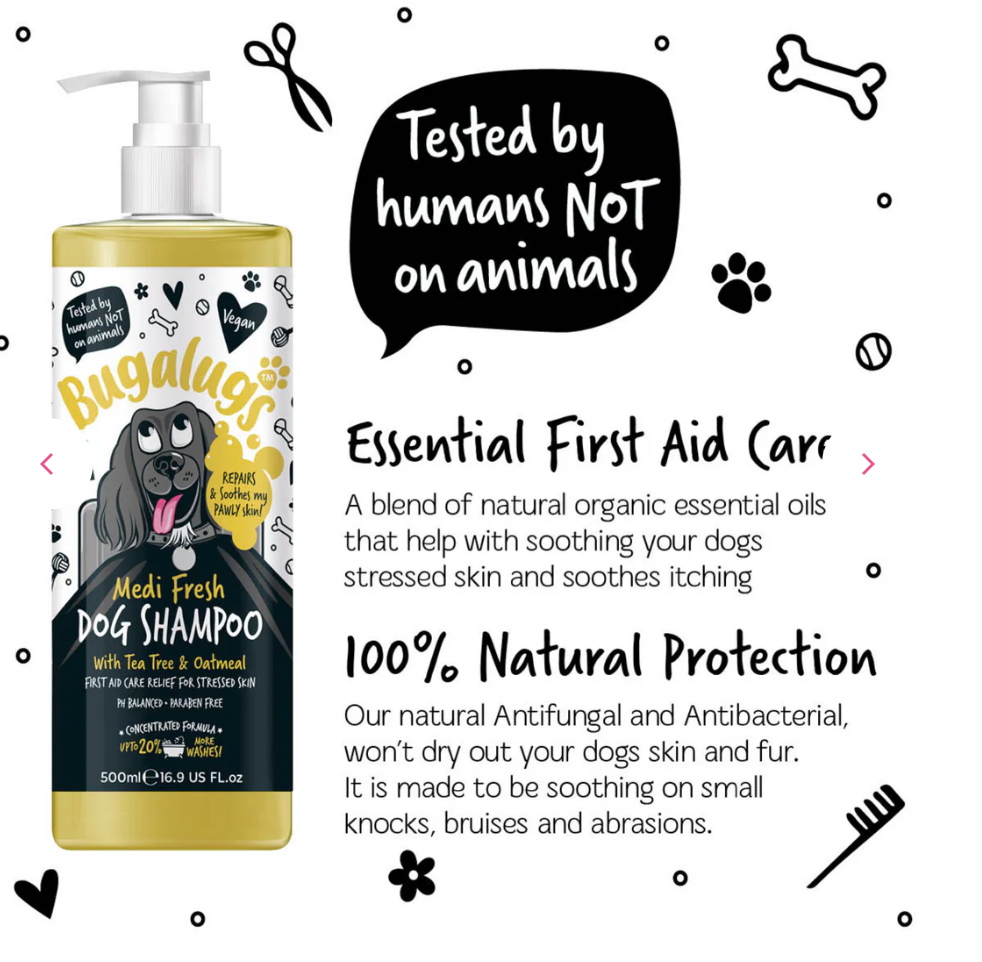Bugalugs Medi Fresh Dog Shampoo – essential first aid care with natural oils for soothing stressed, itchy skin.