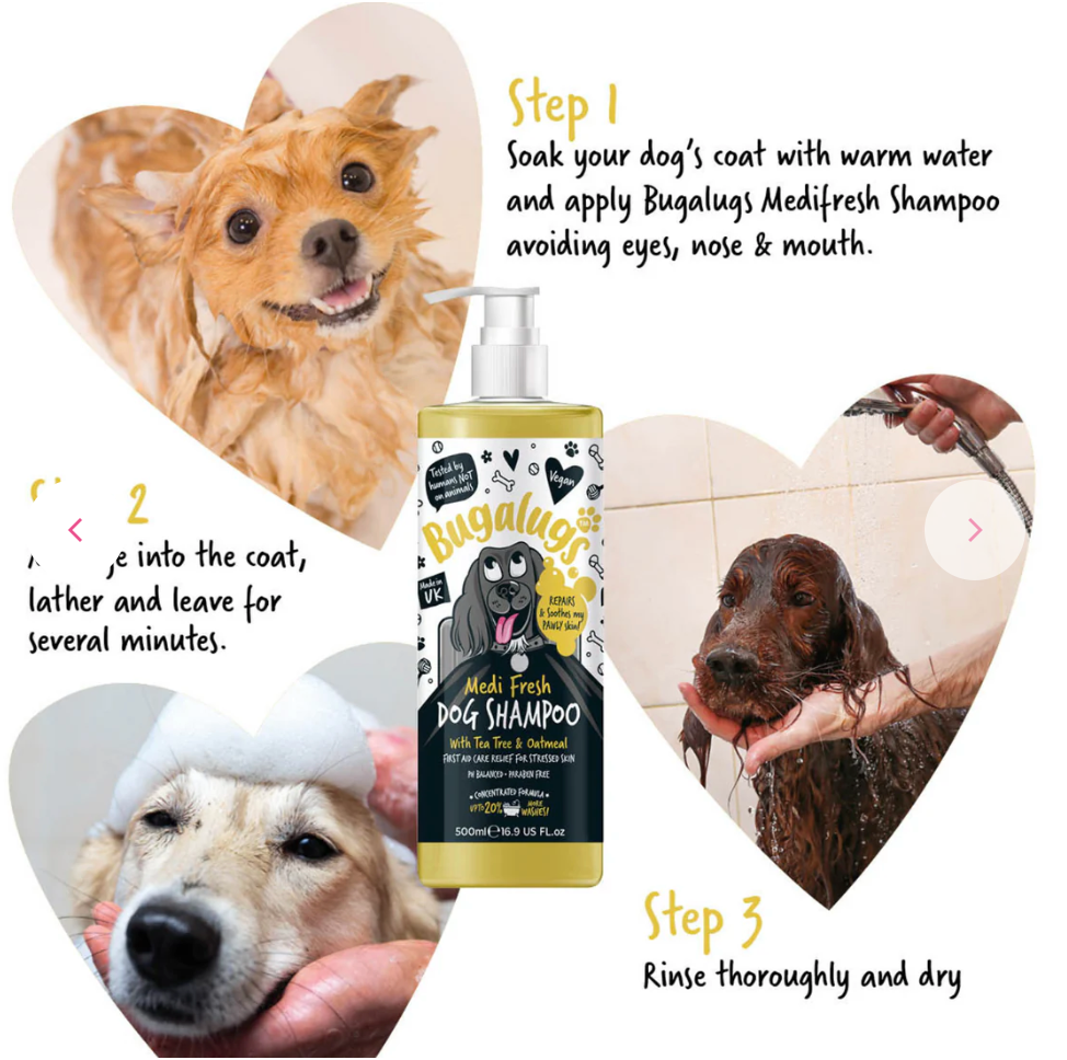How to use Bugalugs Medi Fresh Dog Shampoo – apply, lather, leave, rinse thoroughly, and dry.
