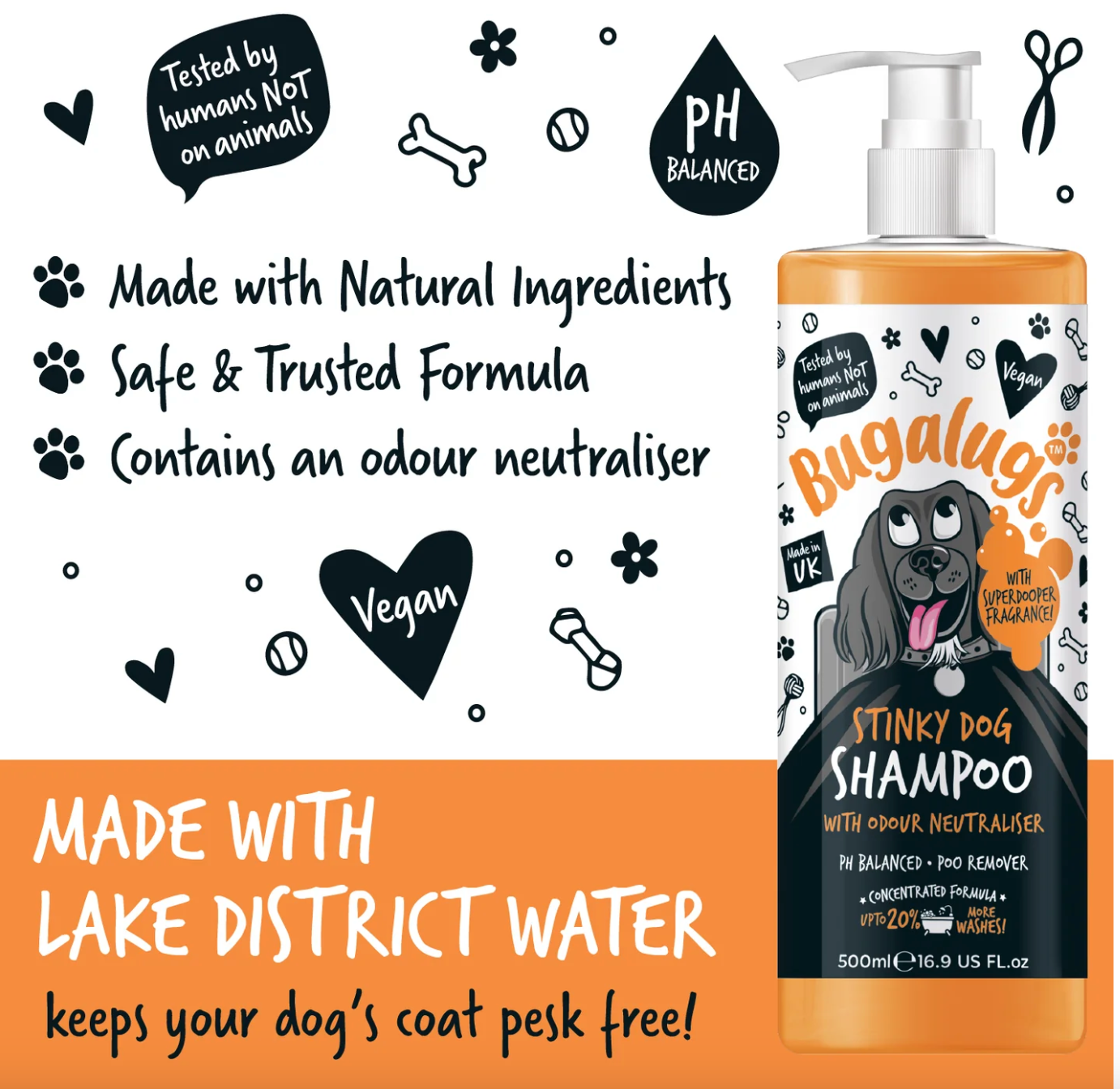 Bugalugs Stinky Dog Shampoo features natural ingredients, pH-balanced vegan formula with odour neutraliser for dogs.