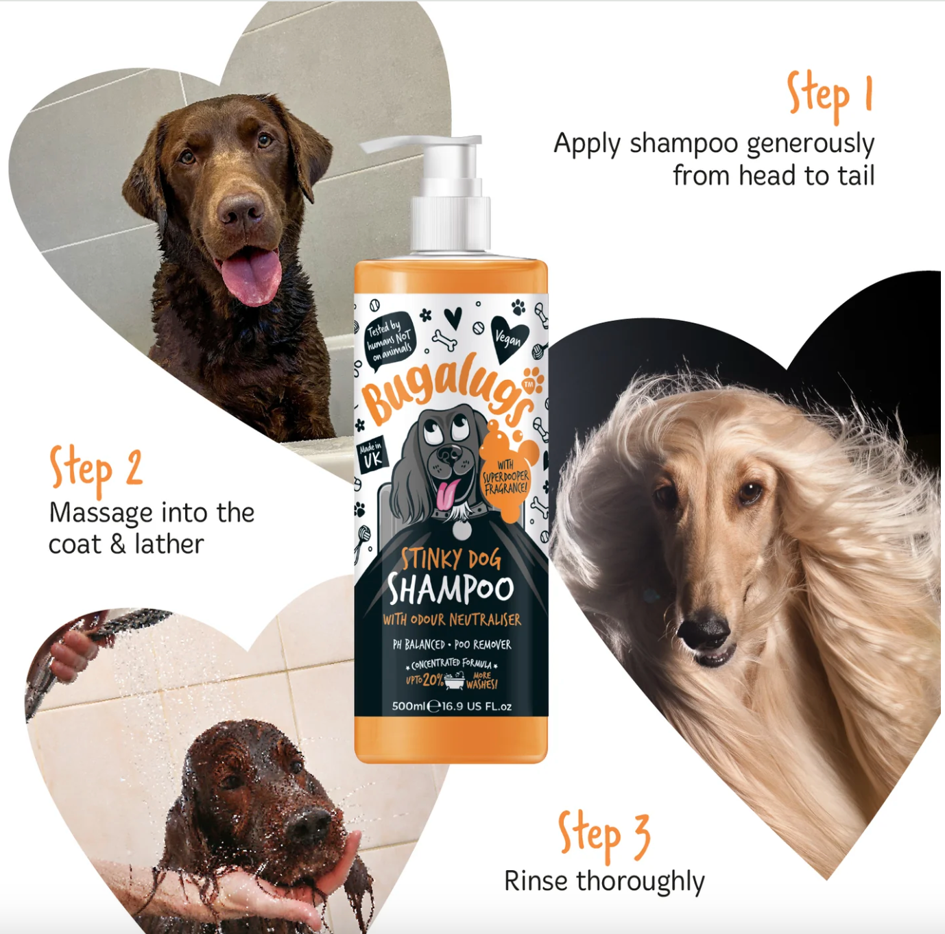 How to use Bugalugs Stinky Dog Shampoo – apply, massage, rinse for a clean, fresh-smelling dog coat.