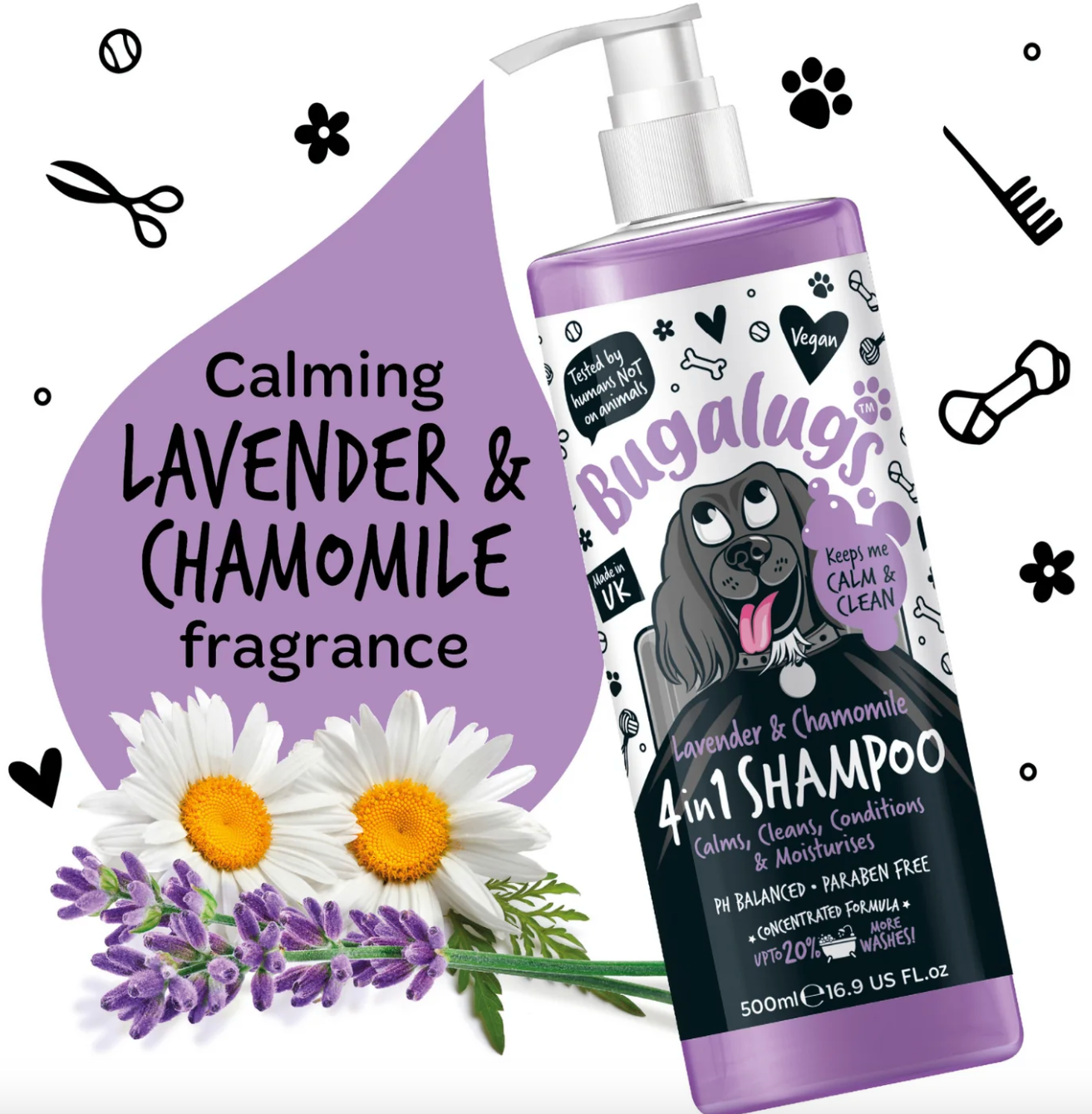 ugalugs Lavender & Chamomile 4-in-1 Dog Shampoo 500 ml – vegan lavender and chamomile formula that cleans, conditions & calms.