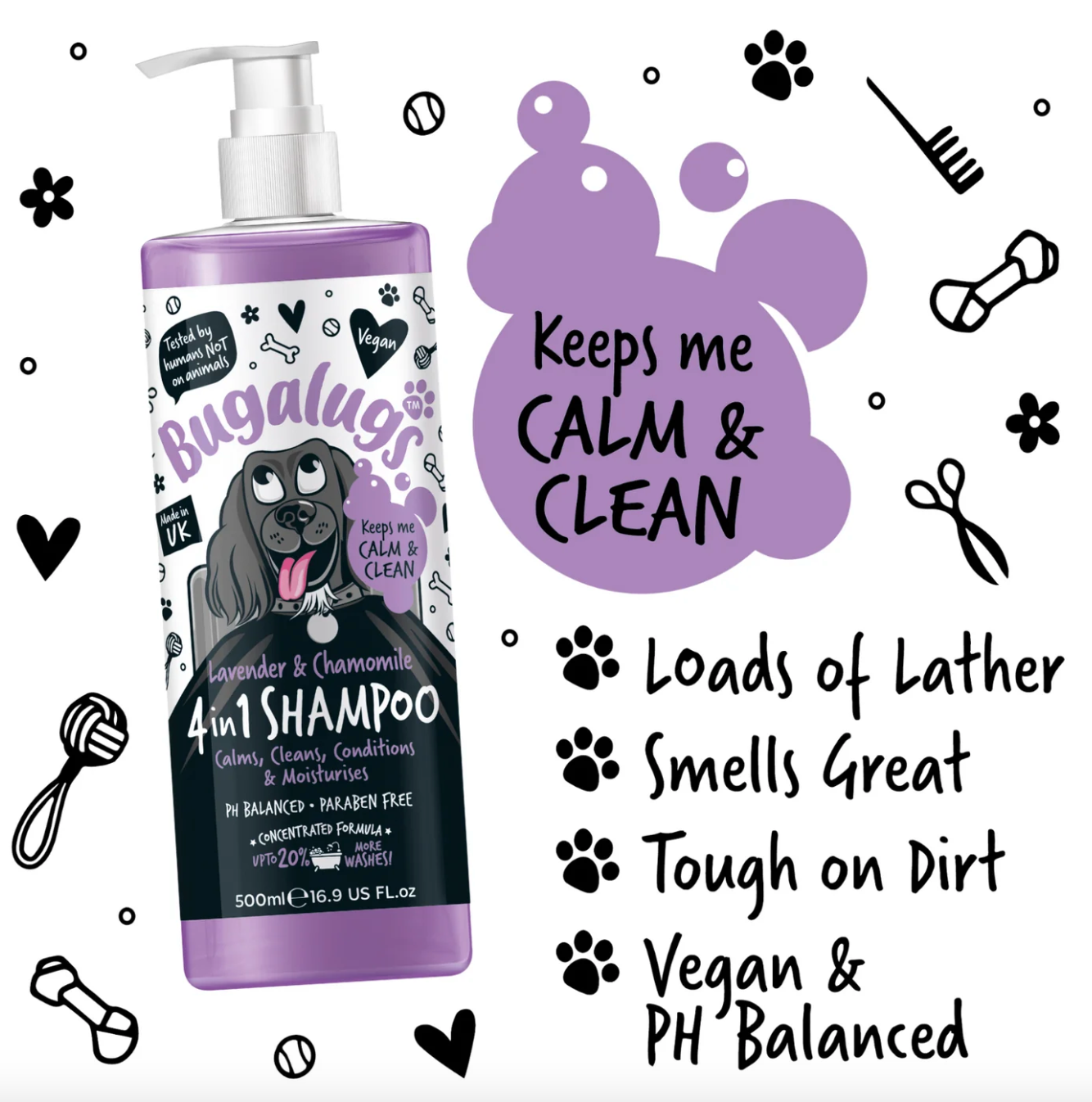 Close-up of Bugalugs Lavender & Chamomile Dog Shampoo label showing vegan calming ingredients and UK branding.