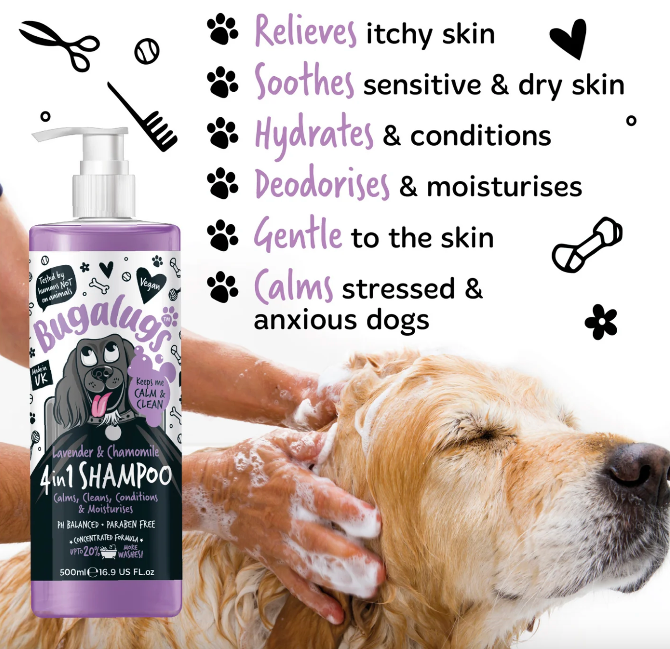 Owner washing dog with Bugalugs Lavender & Chamomile 4-in-1 Dog Shampoo for calming and soothing relief.