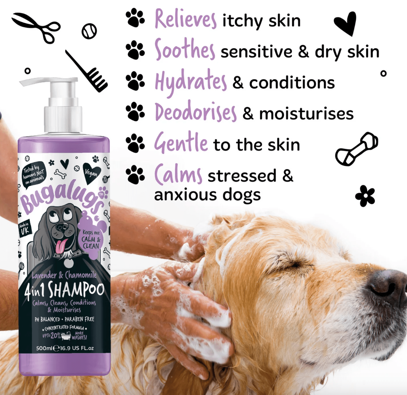 Owner washing dog with Bugalugs Lavender & Chamomile 4-in-1 Dog Shampoo for calming and soothing relief.