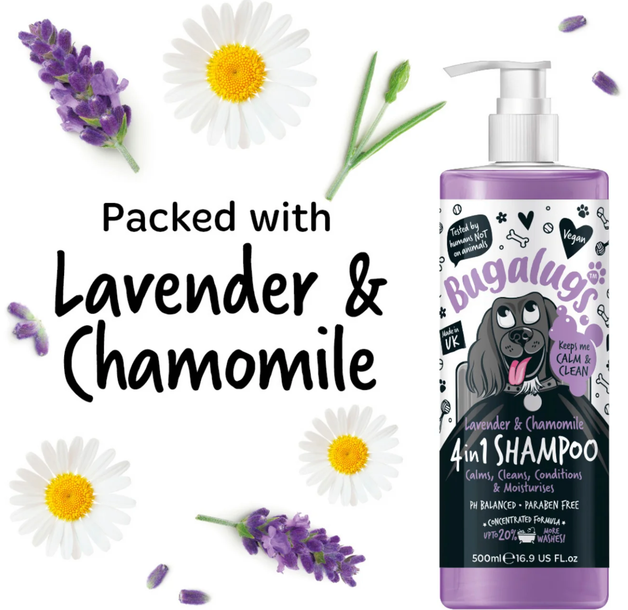 Bugalugs Lavender & Chamomile 4-in-1 Dog Shampoo 250 ml – calming shampoo and conditioner with lavender and chamomile for sensitive dogs.