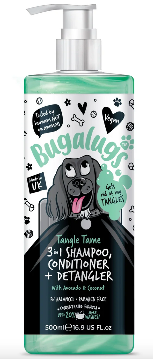 Bugalugs Tangle Tame 3-in-1 Dog Shampoo 500 ml – vegan conditioning and detangling shampoo for dogs and puppies.