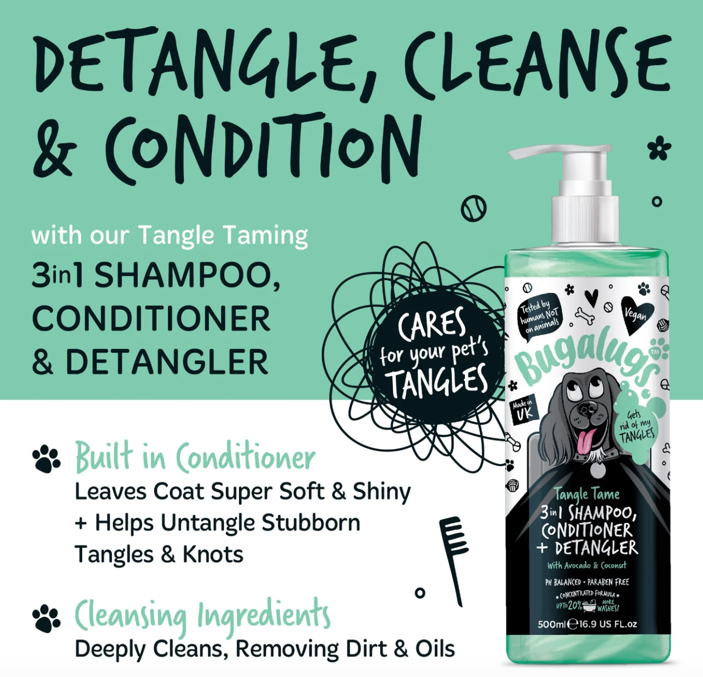 Bugalugs Tangle Tame 3-in-1 Dog Shampoo 500 ml – vegan conditioning and detangling shampoo for dogs and puppies.