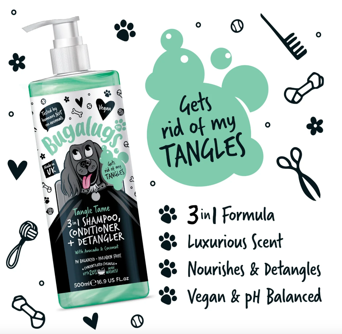 Close-up of Bugalugs Tangle Tame Shampoo label showing avocado and coconut ingredients and 3-in-1 formula branding.