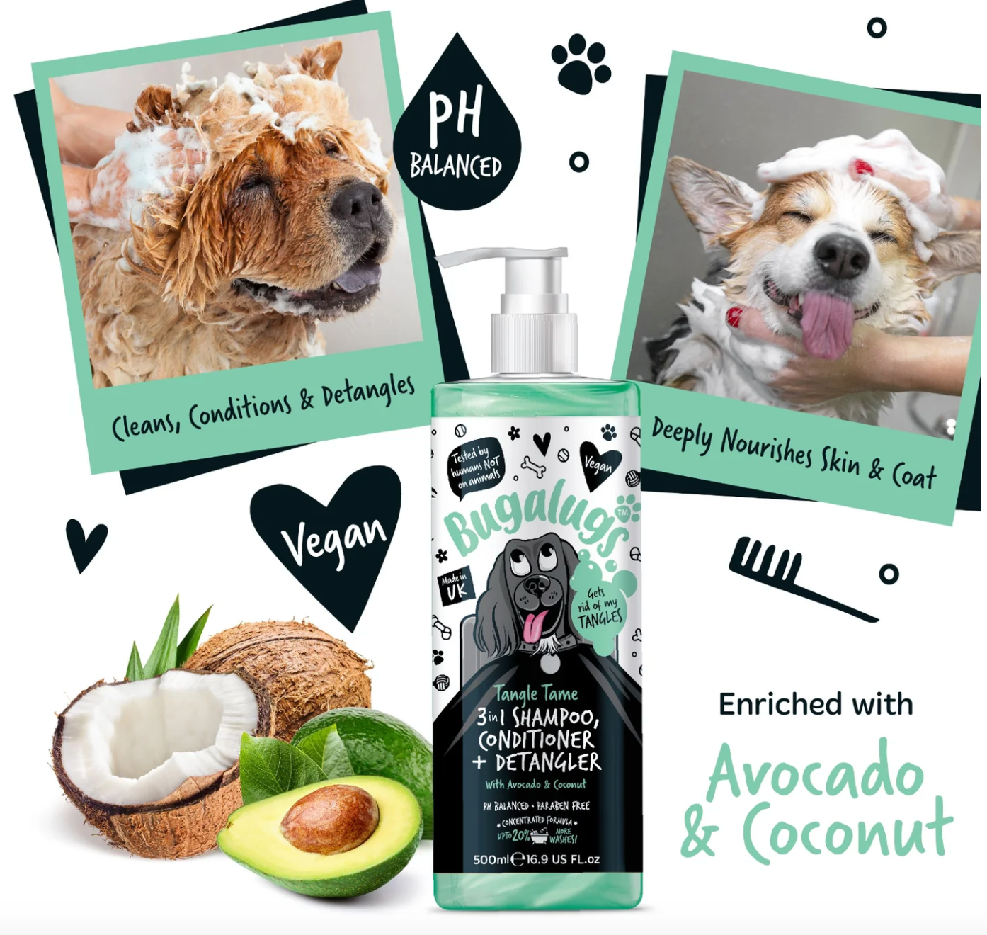 Close-up of Bugalugs Tangle Tame Shampoo label showing avocado and coconut ingredients and 3-in-1 formula branding.
