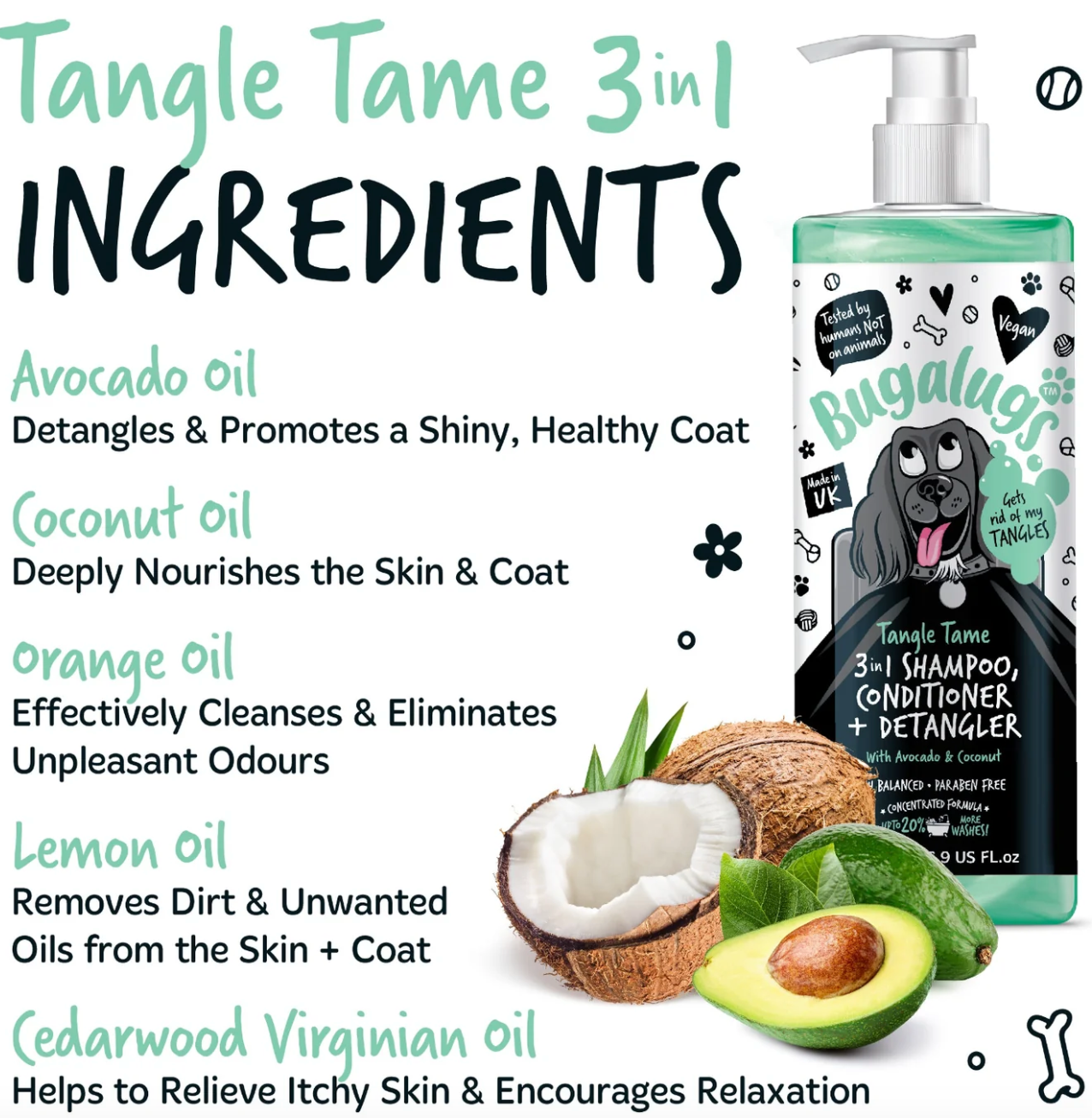 Close-up of Bugalugs Tangle Tame Shampoo label showing avocado and coconut ingredients and 3-in-1 formula branding.