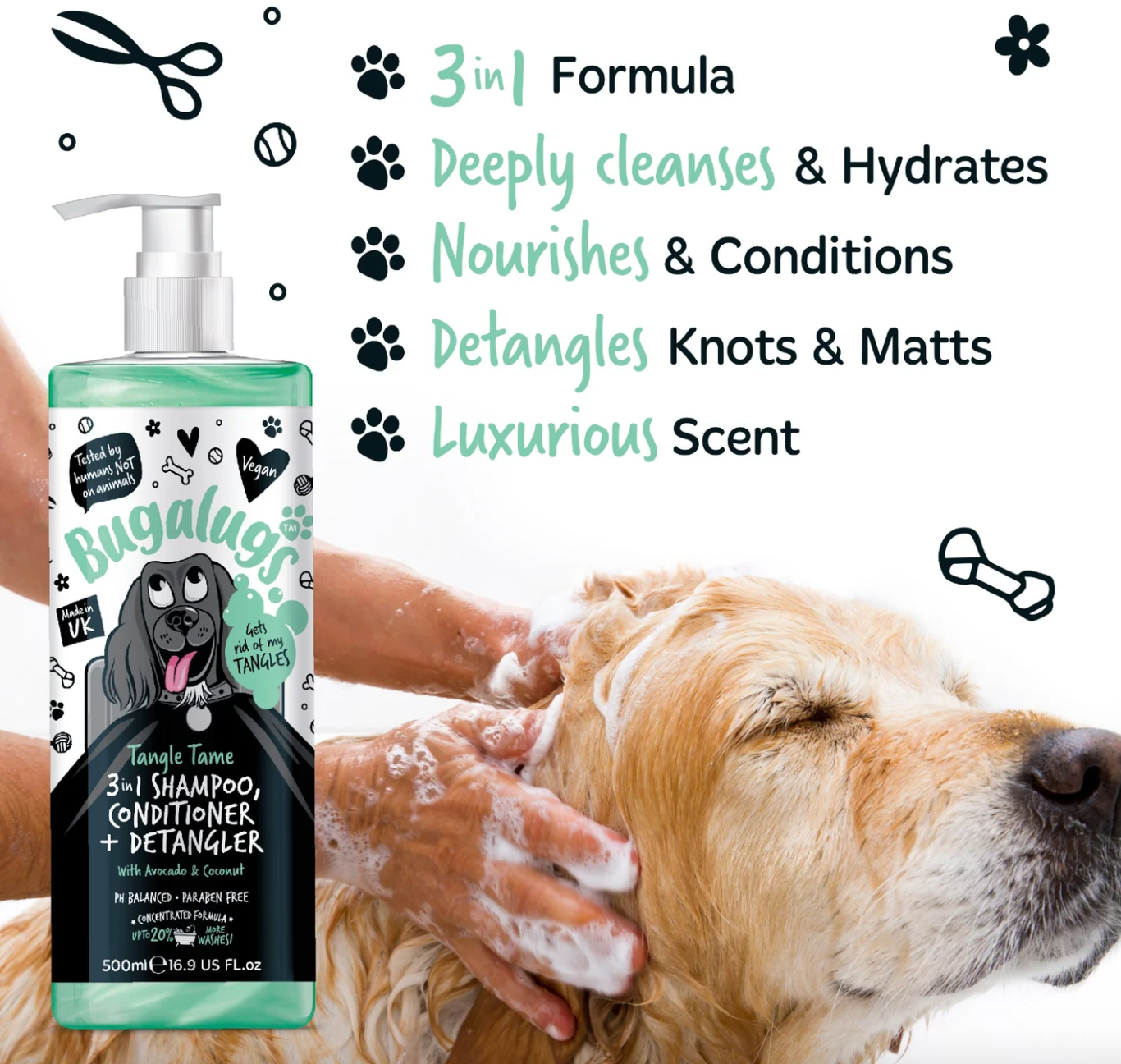 Owner using Bugalugs Tangle Tame 3-in-1 Dog Shampoo to clean and detangle coat for easy brushing.