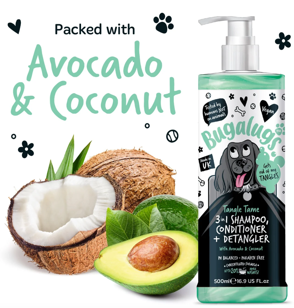 Close-up of Bugalugs Tangle Tame Shampoo label showing avocado and coconut ingredients and 3-in-1 formula branding.