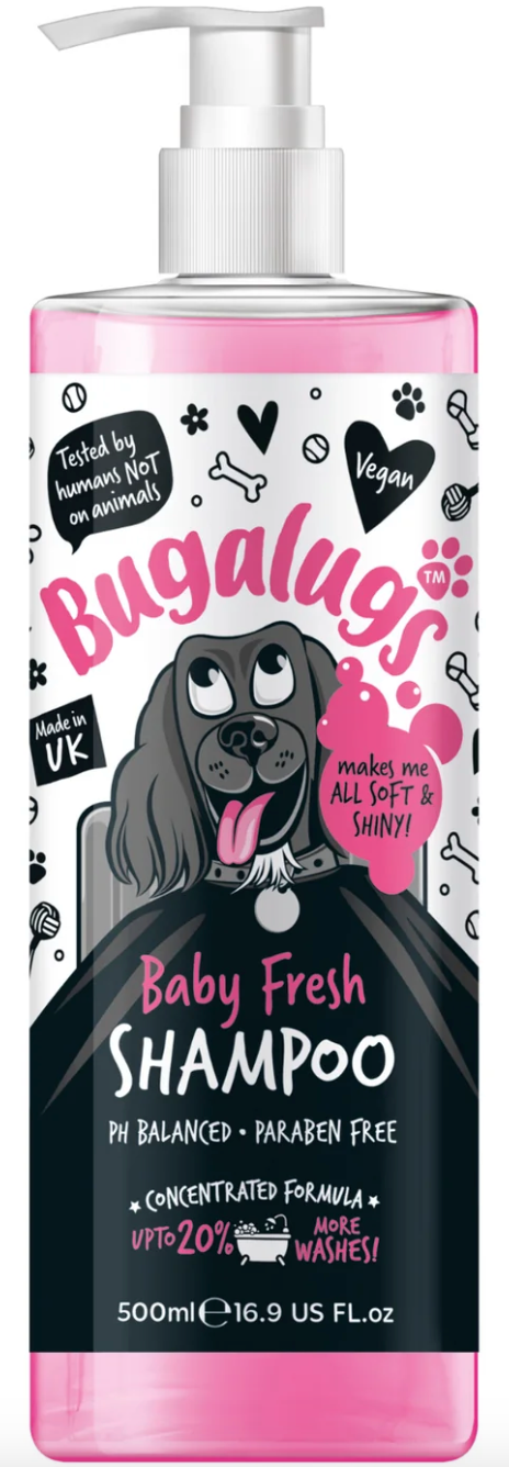 Bugalugs Baby Fresh Dog Shampoo 500 ml – deep-cleansing, baby-powder-fragranced formula for all coat types.