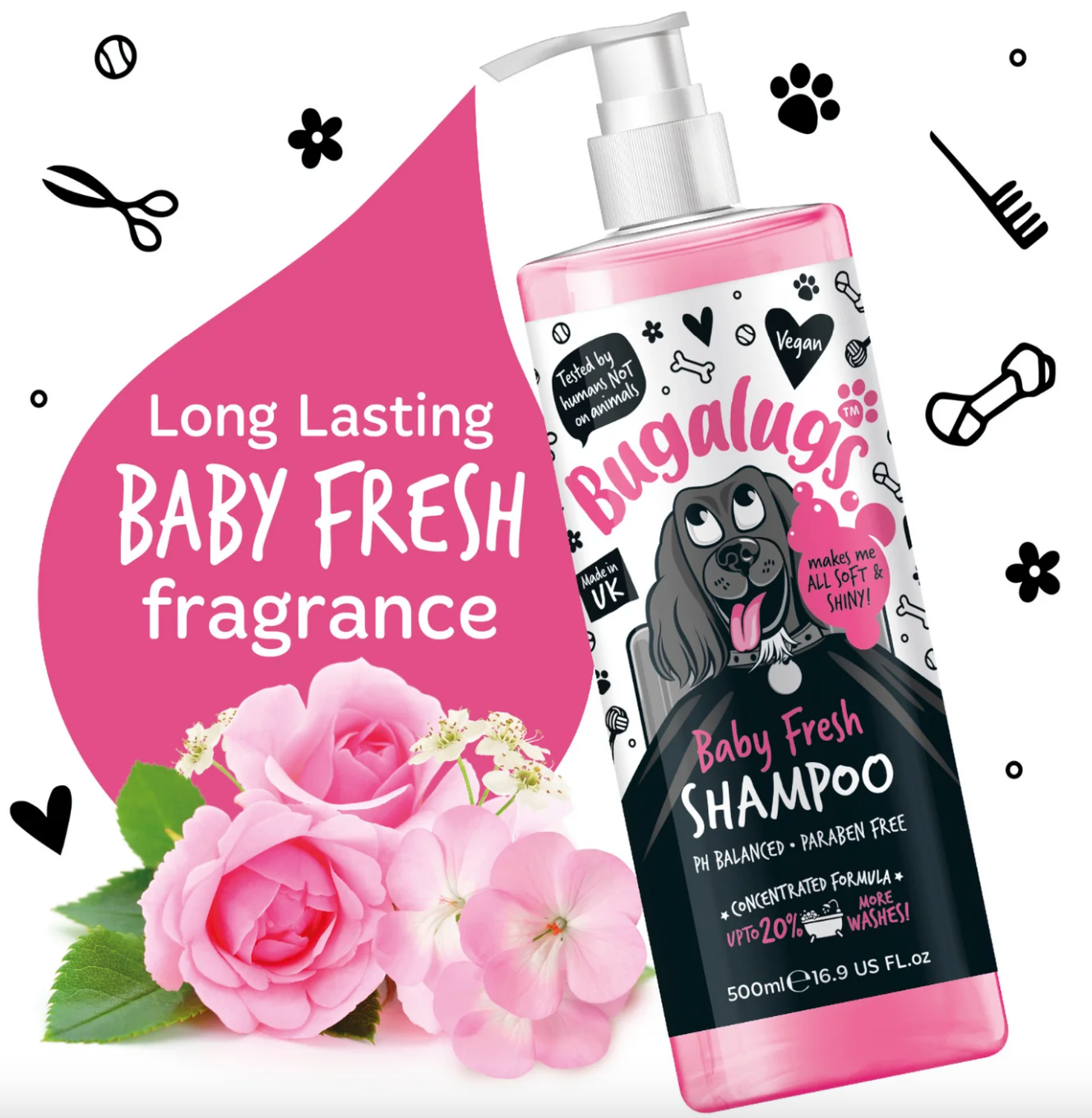Close-up of Bugalugs Baby Fresh Dog Shampoo label showing vegan & UK-made branding.