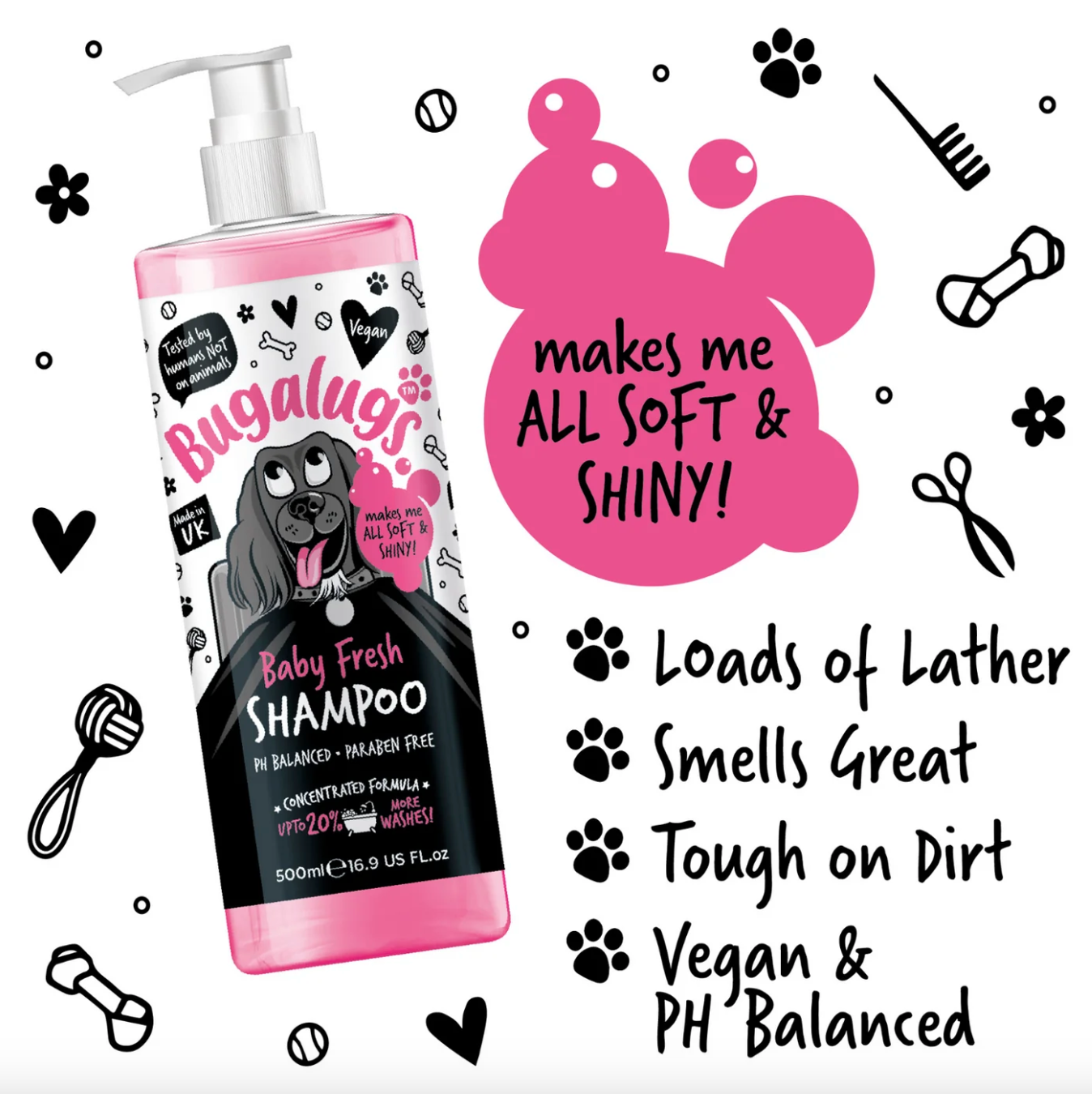 Bugalugs Baby Fresh Dog Shampoo 250 ml – gentle vegan baby-powder-scented shampoo for dogs and puppies.