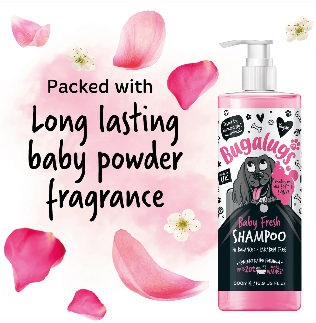 Bugalugs Baby Fresh Dog Shampoo 500 ml – deep-cleansing, baby-powder-fragranced formula for all coat types.