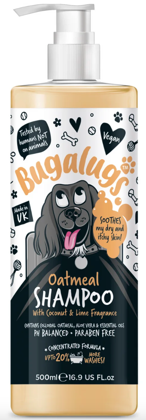 Bugalugs Oatmeal Dog Shampoo 500 ml, coconut & lime-scented sensitive skin formula with oatmeal and aloe vera.