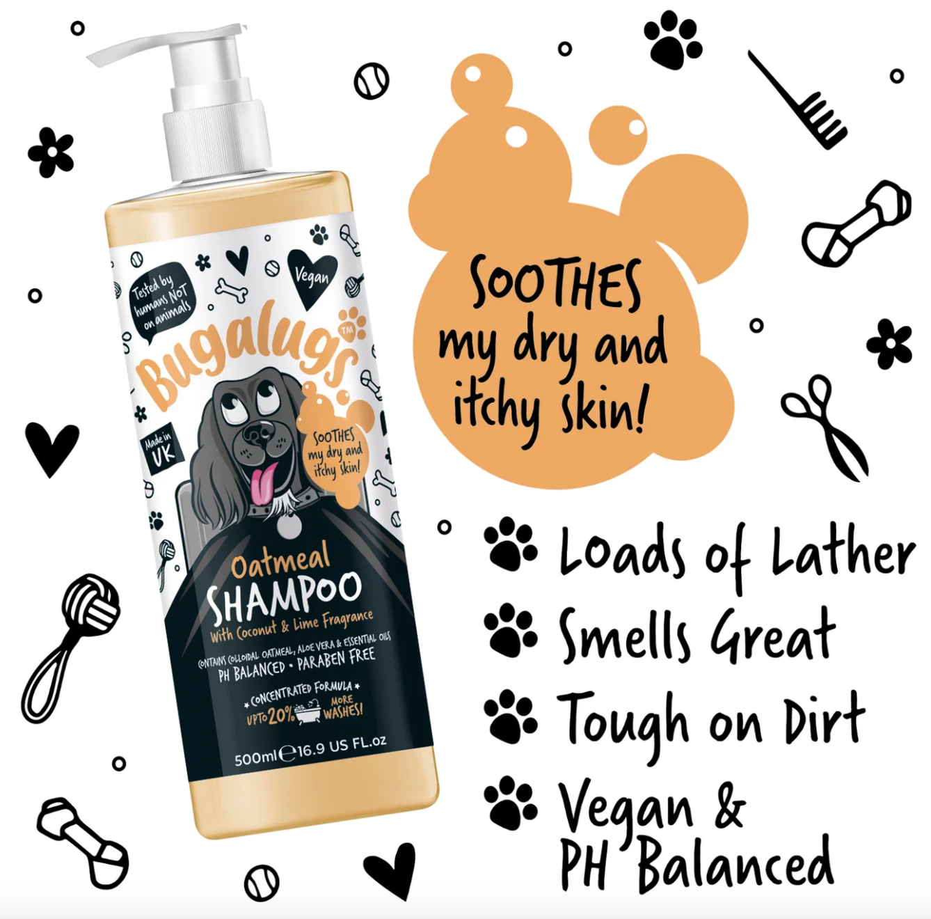 lose-up of Bugalugs Oatmeal Shampoo label showing vegan and UK-made branding.