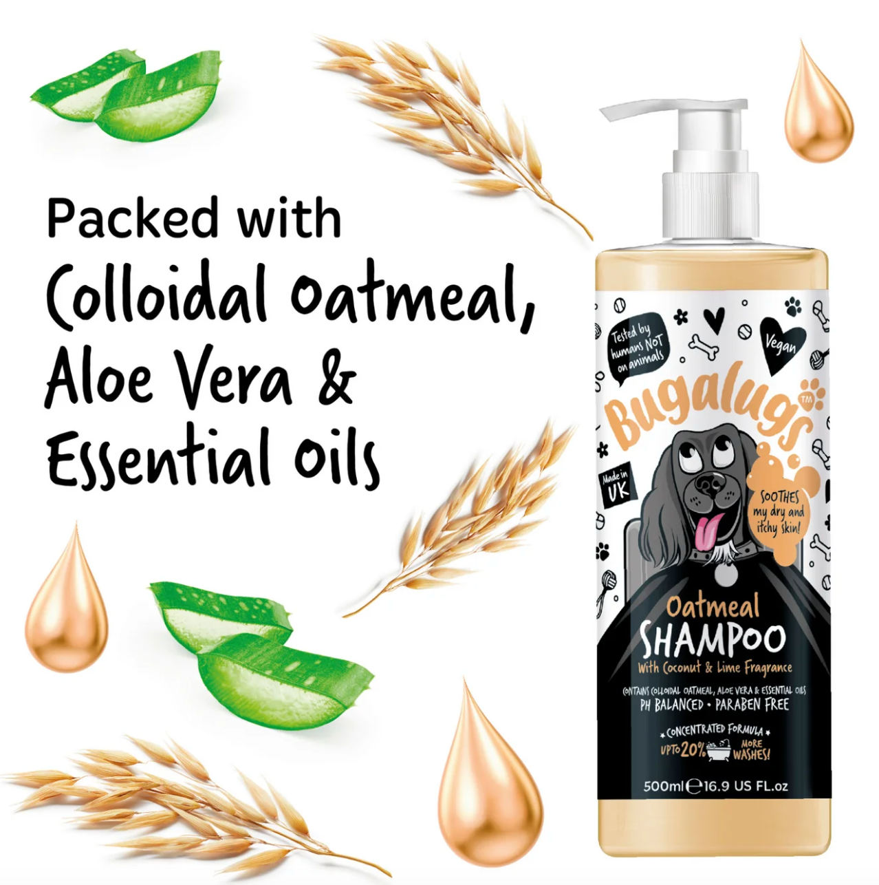 lose-up of Bugalugs Oatmeal Shampoo label showing vegan and UK-made branding.
