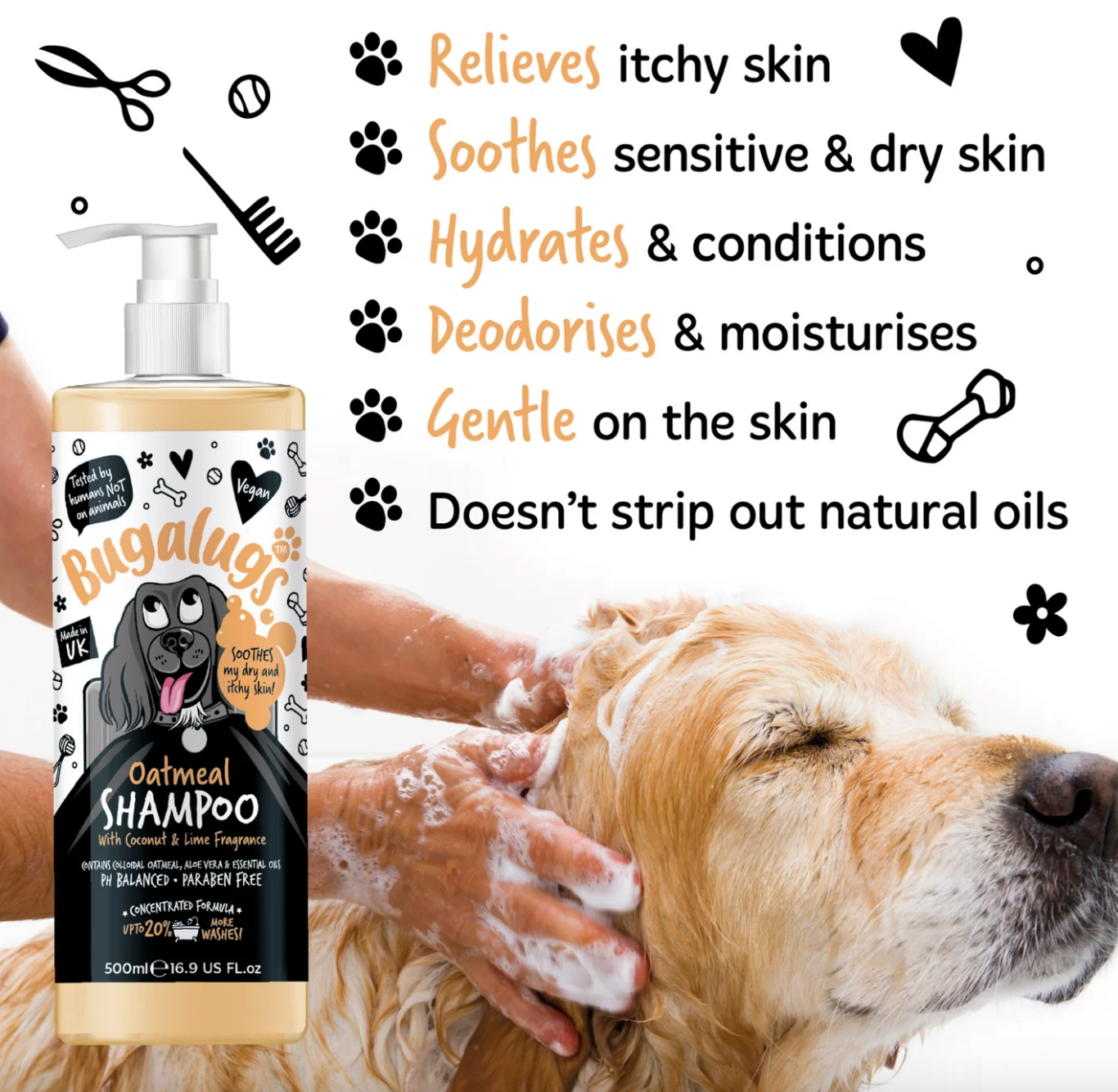Owner washing dog with Bugalugs Oatmeal Coconut & Lime Shampoo for sensitive skin relief.