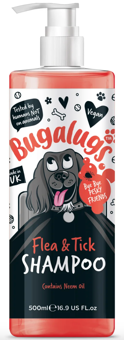 Bugalugs Flea & Tick Shampoo 500ml bottle, natural dog shampoo with Neem Oil made in the UK.