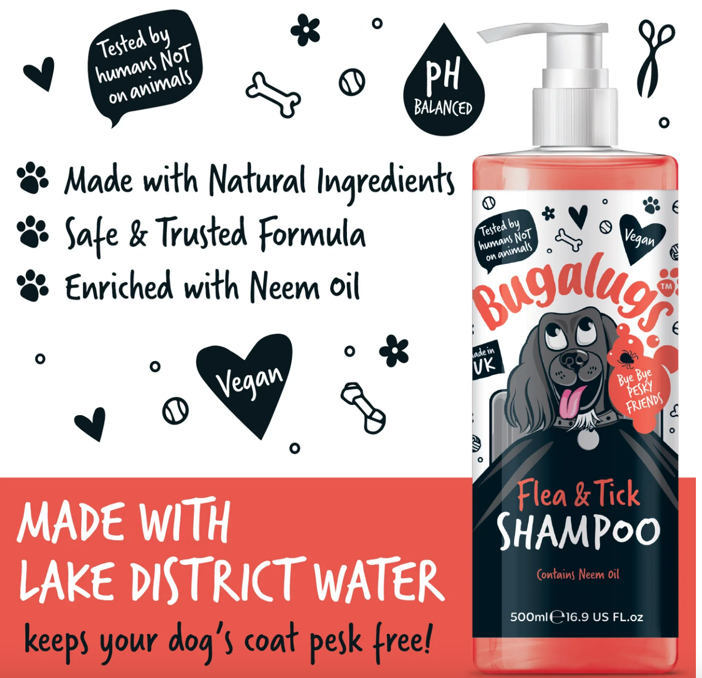 Close-up of Bugalugs Flea & Tick Shampoo label showing Neem Oil ingredient and UK-made certification.