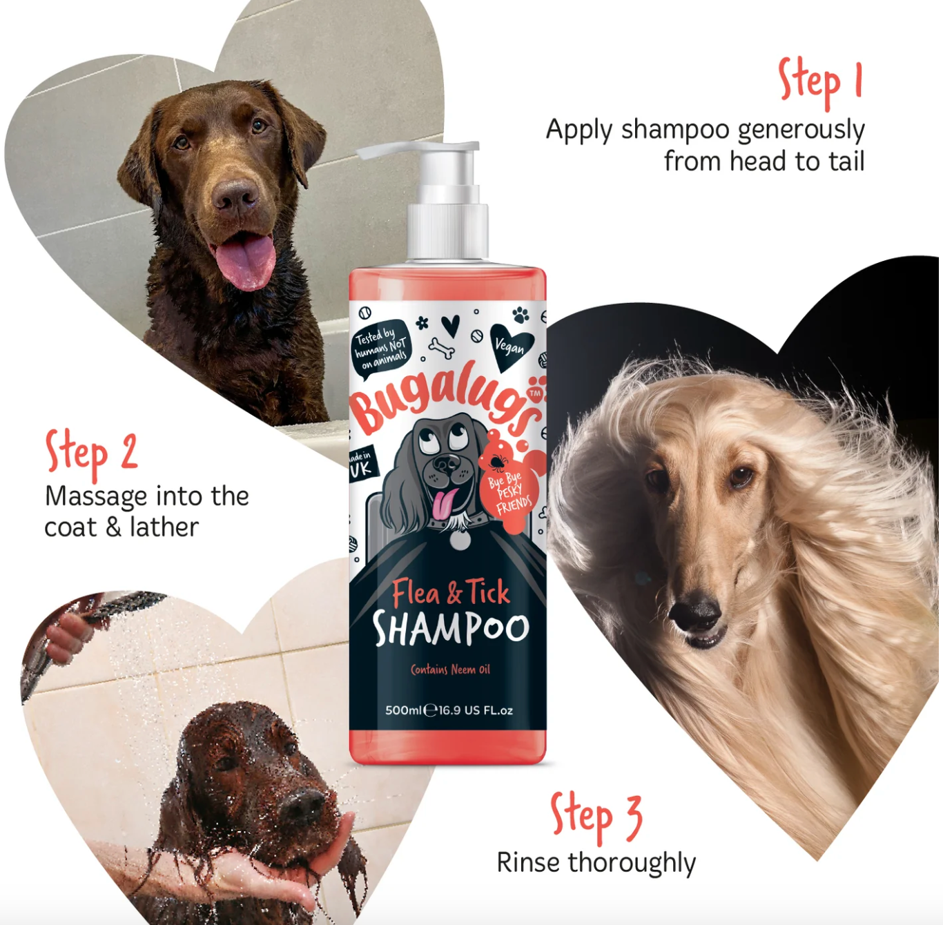 Close-up of Bugalugs Flea & Tick Shampoo label showing how to use