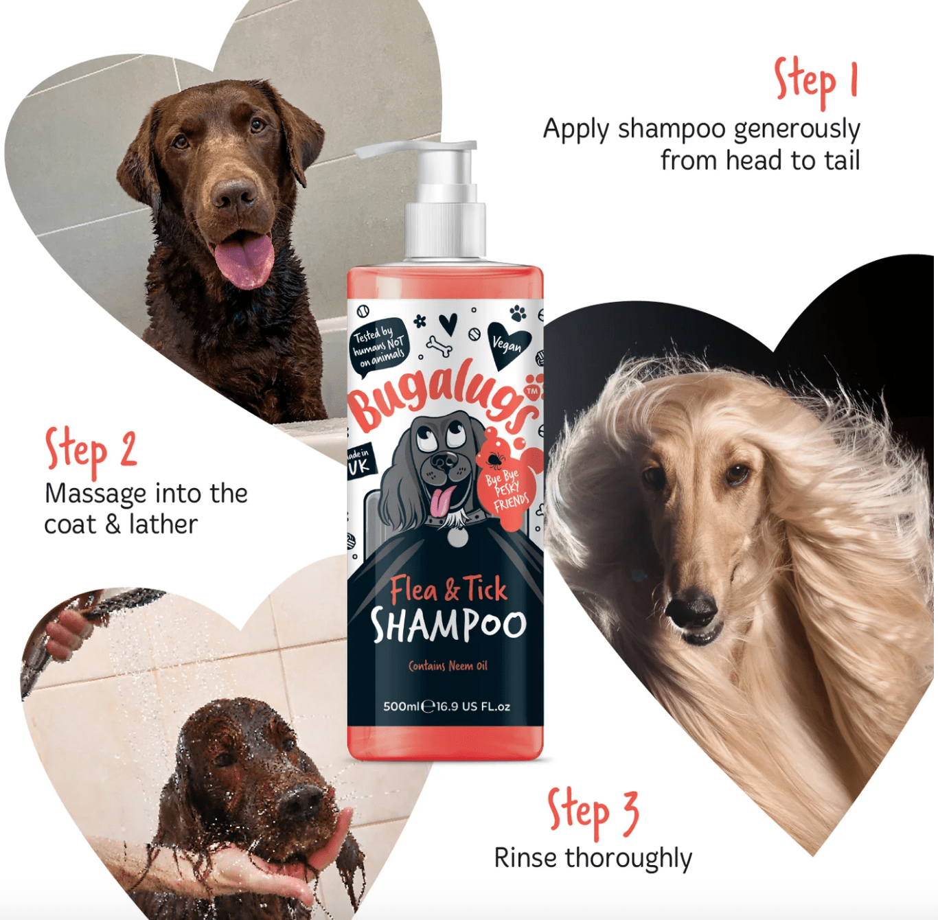 Close-up of Bugalugs Flea & Tick Shampoo label showing how to use