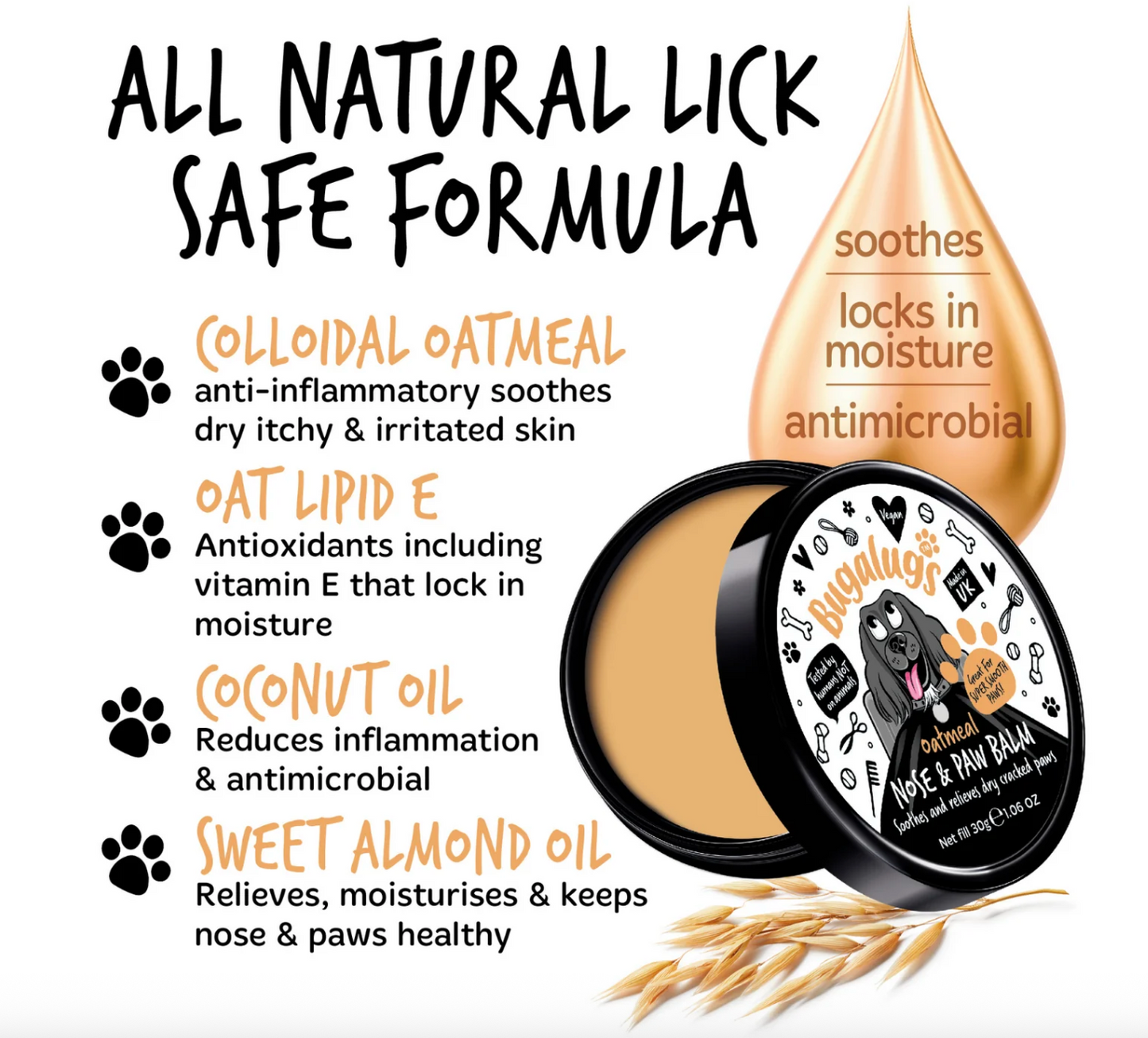 Dog nose and paw balm with natural ingredients listed on a white background