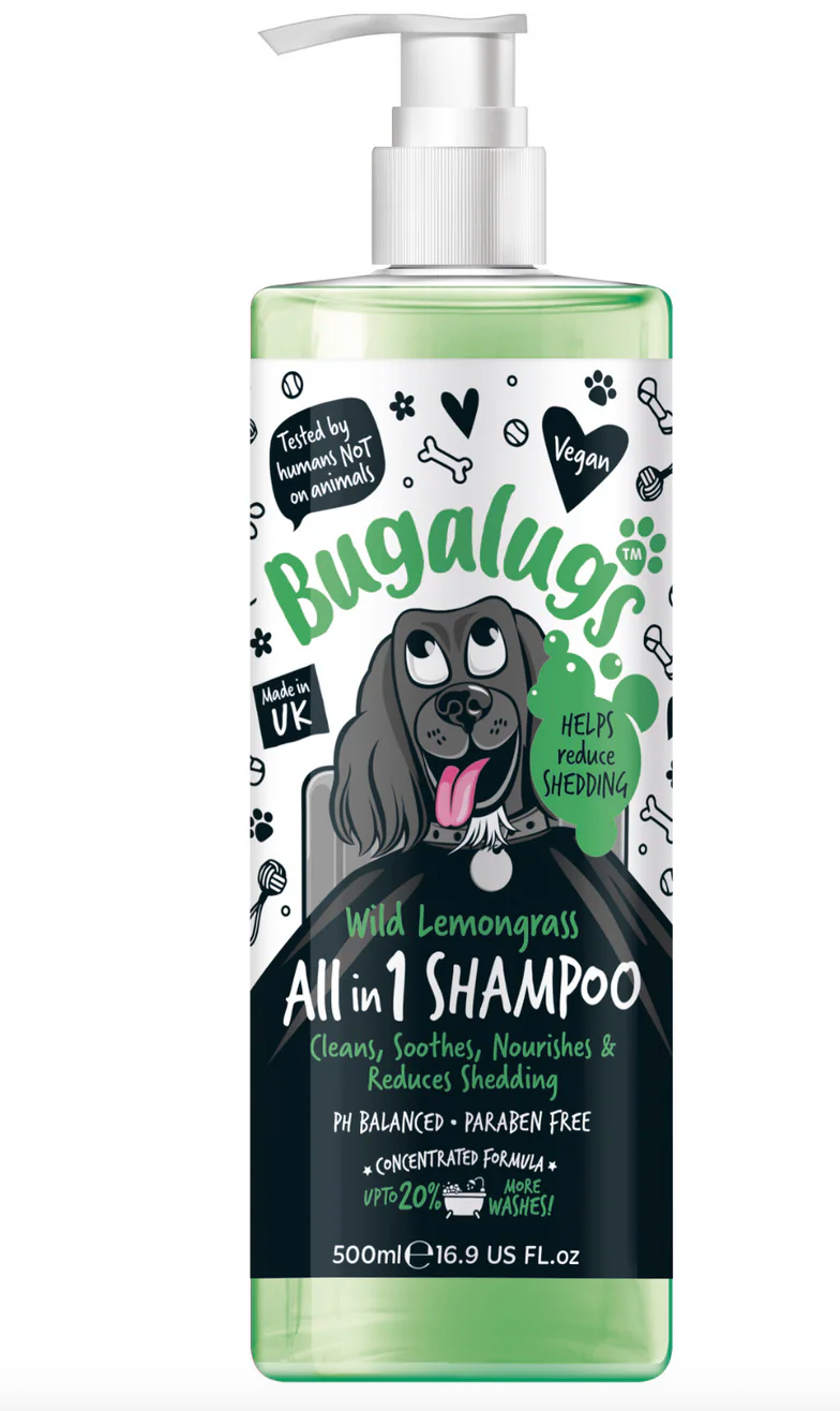 Close-up of Bugalugs Lemongrass dog shampoo used for coat conditioning and odour control