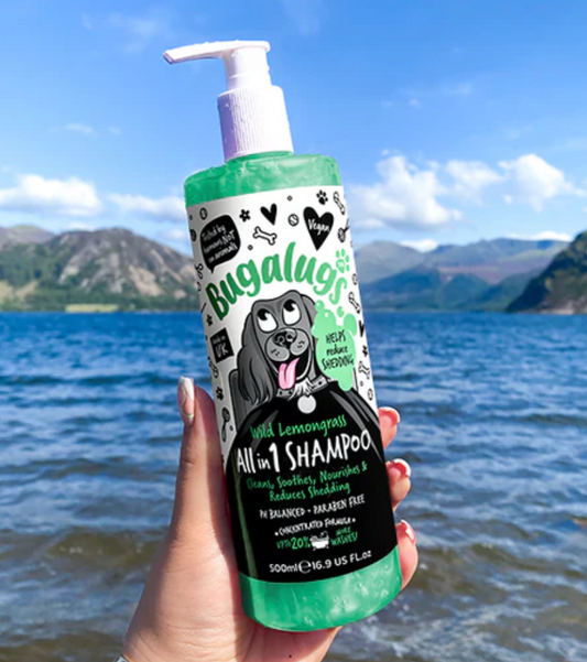 Bugalugs Wild Lemongrass All-in-1 Dog Shampoo bottle with natural ingredients for shedding and coat care