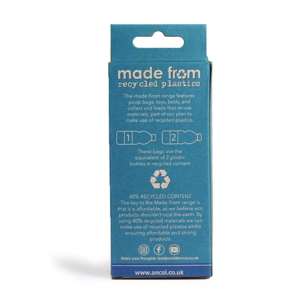 Blue packaging with recycled plastic information on a white background