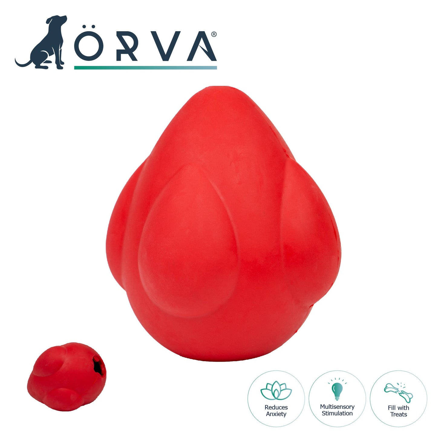 Red dog toy with a smaller red ball on a white background, featuring the Orva brand.