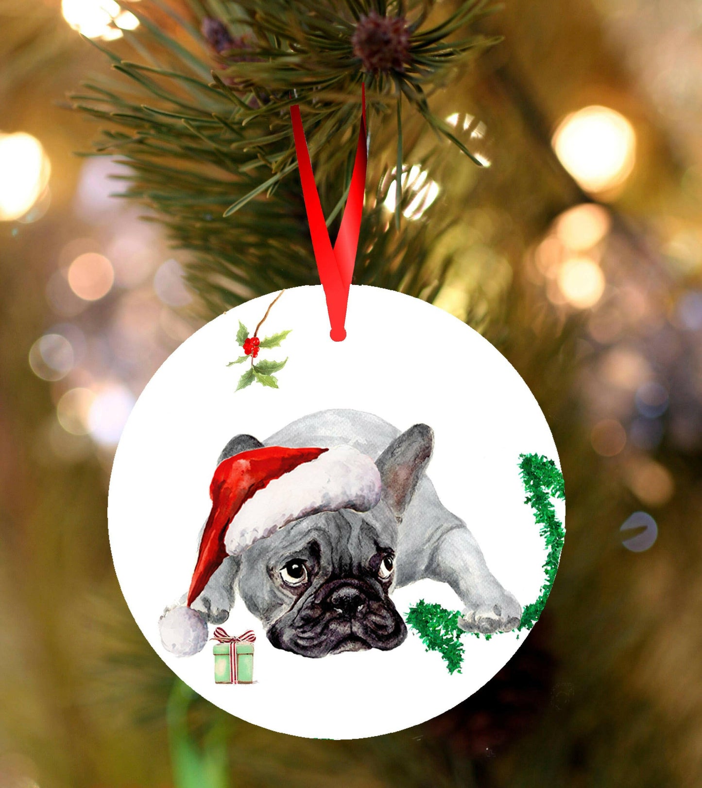 French Bulldog Christmas decoration, blue Gus design, ceramic bauble