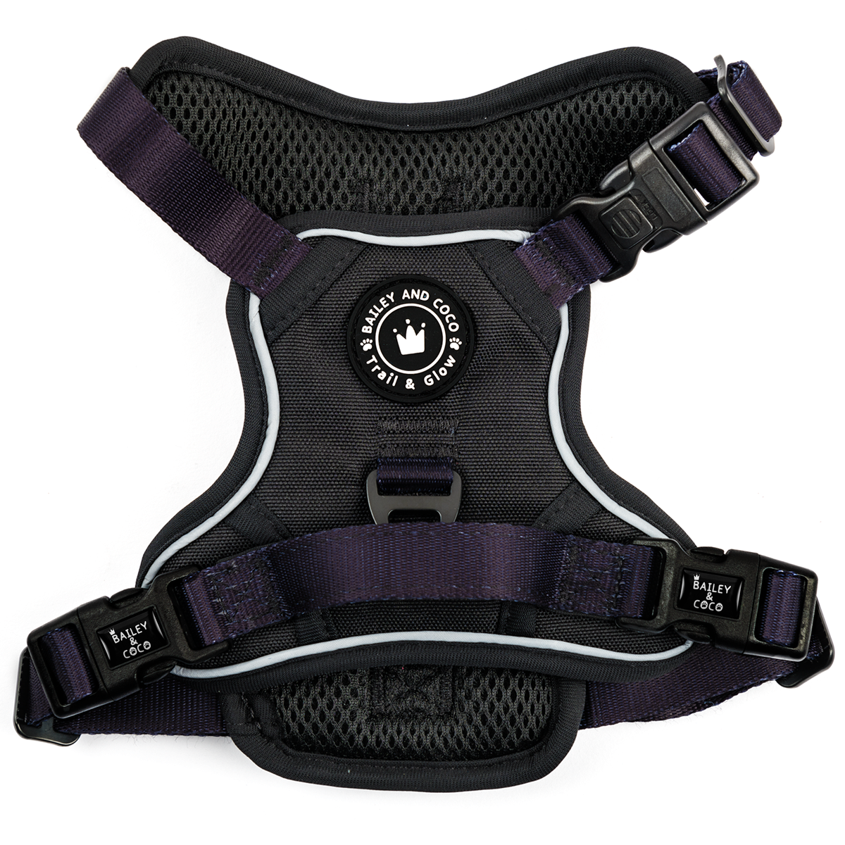 Flat-lay of Bailey & Coco Trail & Glow Jet Black Harness showing front and back reflective trim