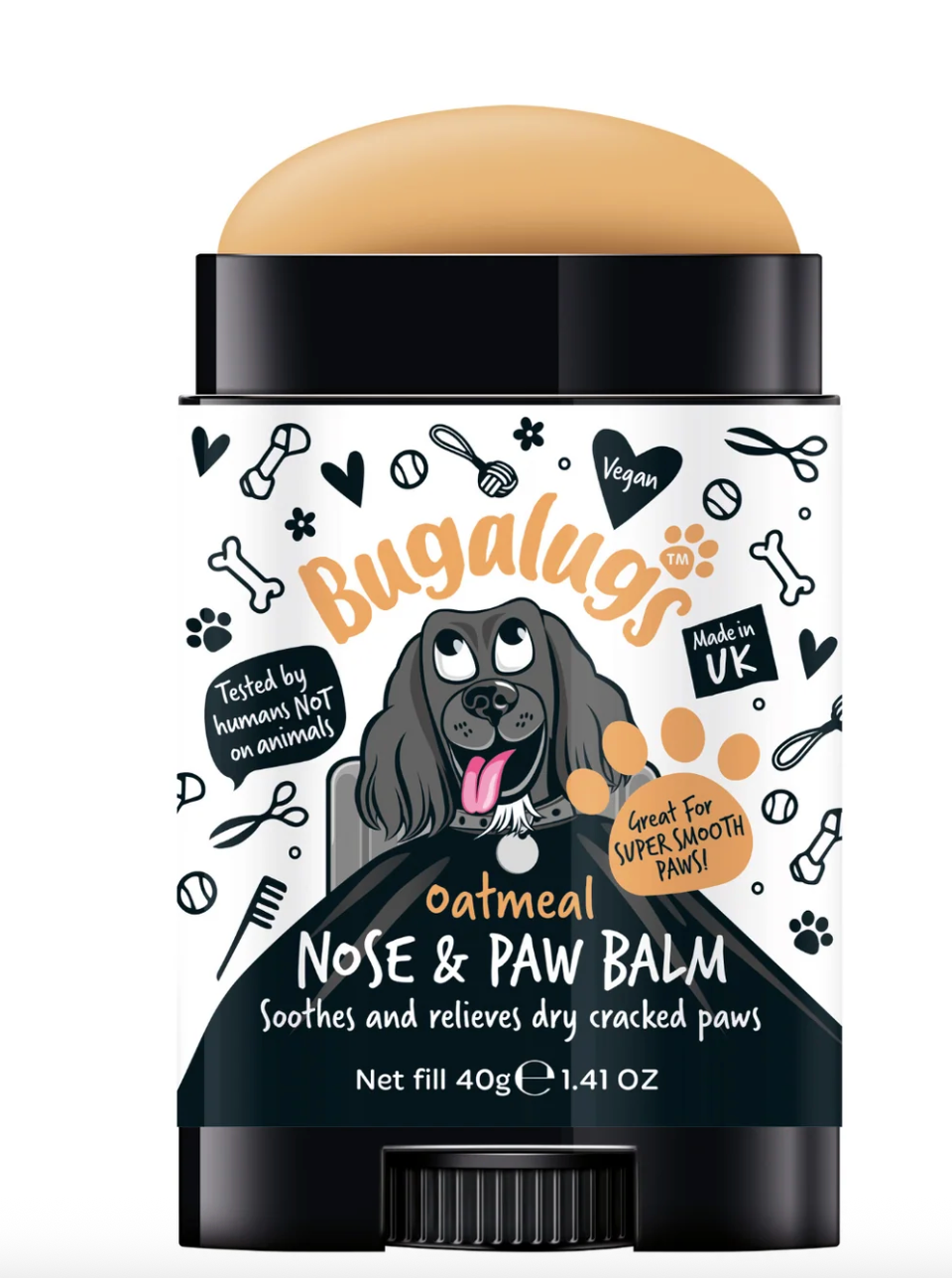 Close up texture of Bugalugs oatmeal nose and paw balm stick