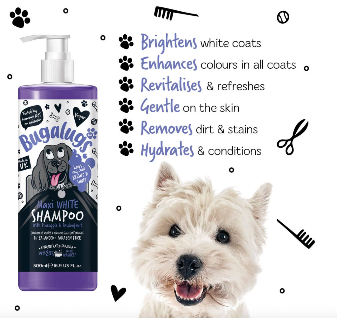 Dog coat before and after using whitening dog shampoo