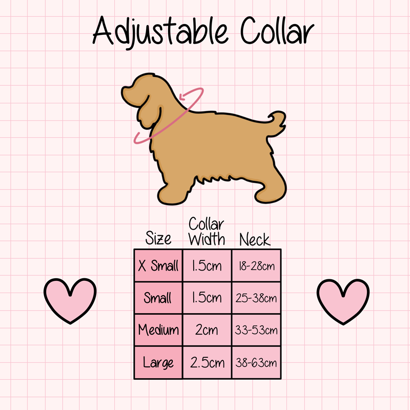 Dog collar size chart with measurements on a pink grid background