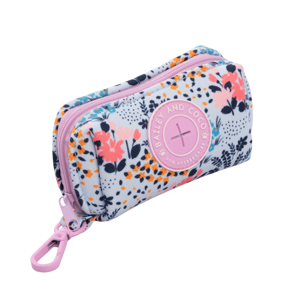 Bailey & Coco poo bag holder in Spring Dreams floral — D-ring lead attachment